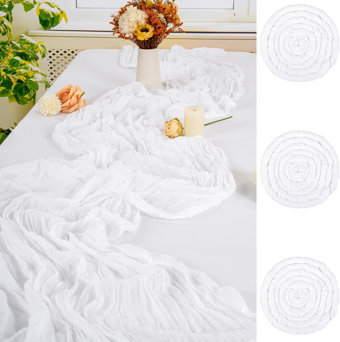 SnelShoppen - Table Runner 3 Stuks 90 x 300 cm - Rustieke Boho Tafelrunner van Cheesecloth - Ideaal voor Bruiloft, Feest, Banket, en Tafel Decoratie