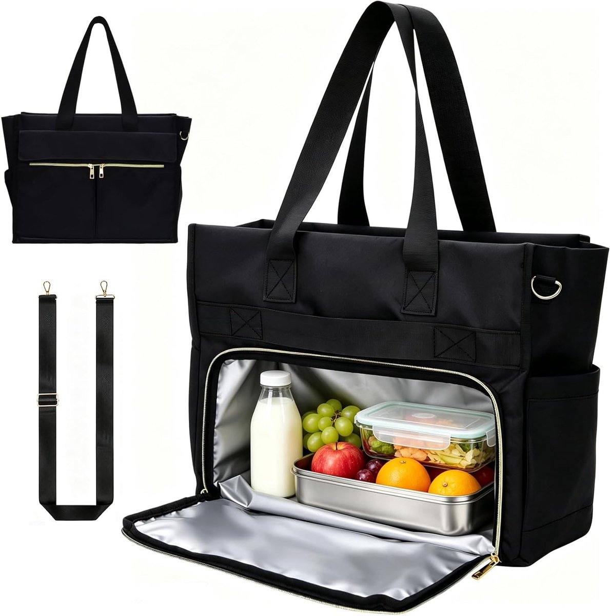 Geïsoleerde lunchtas voor dames met koelvak, 3-in-1 handtas voor werk en reizen, grote tas voor levensmiddelen en dranken met 3 draagriemen (zwart)