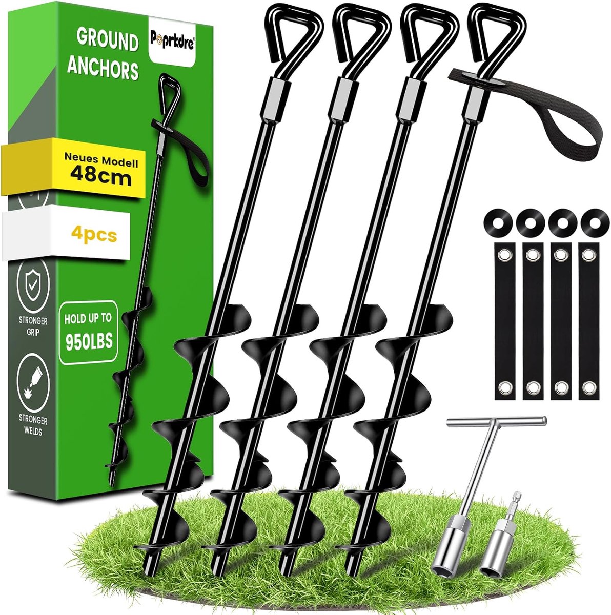 SnelShoppen - Ground Anchors 48 cm Set van 4, Premium Verstevigde Grondankers voor Tent, Trampoline, Honden, Luifels - Weerbestendig en Windbestendig
