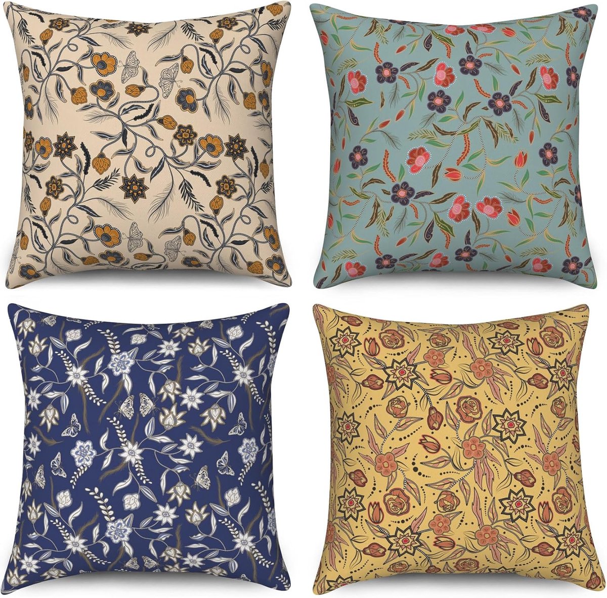 SnelShoppen - Set van 4 Vintage Boho Kussenhoezen 40x40 cm Beige Groen Blauw Geel Voor Tuin en Buiten - Wasbare Polyester Linnen Kussencover Decoratie