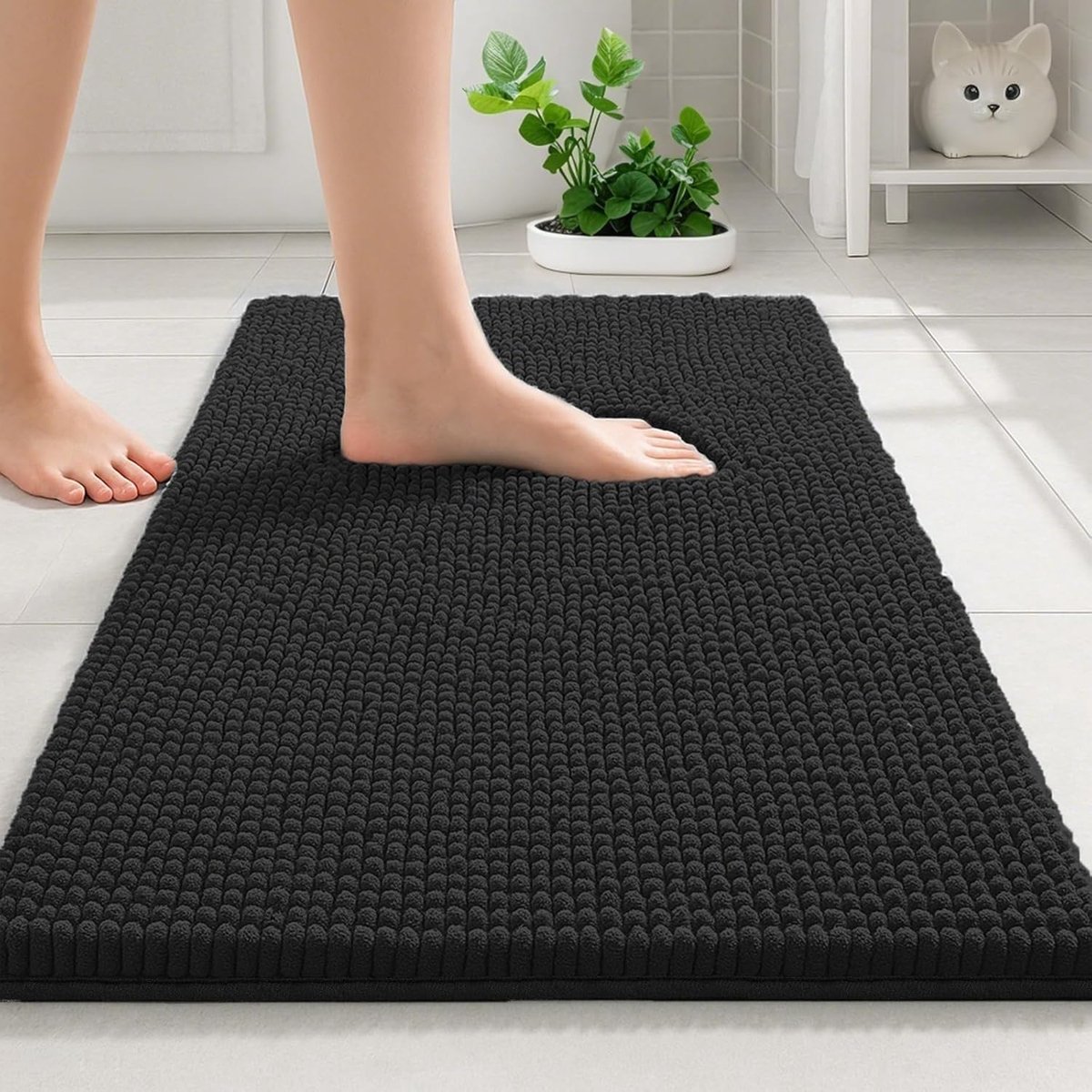 SnelShoppen - Badmat 50 x 80 cm Chenille Antislip Absorberend Wasbaar Waterabsorberend Douchematt Black - Veilig en Droog voor Badkamer