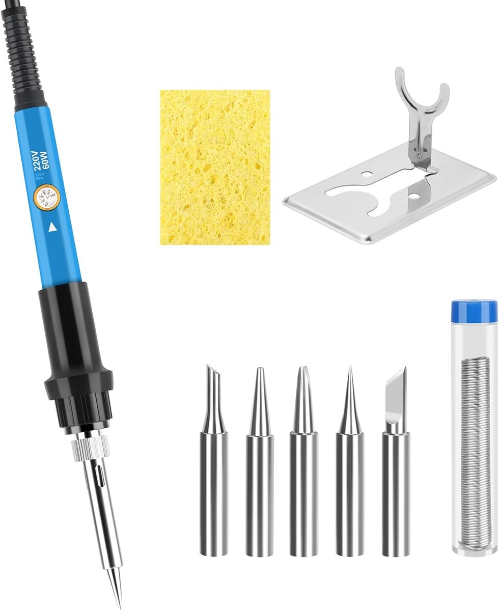 SnelShoppen - Soldering Kit 60W - Soldering Iron met Instelbare Temperatuur 220-480°C, On/Off Schakelaar, 10g Looddraad, 5 Solderingtips, Desoldering