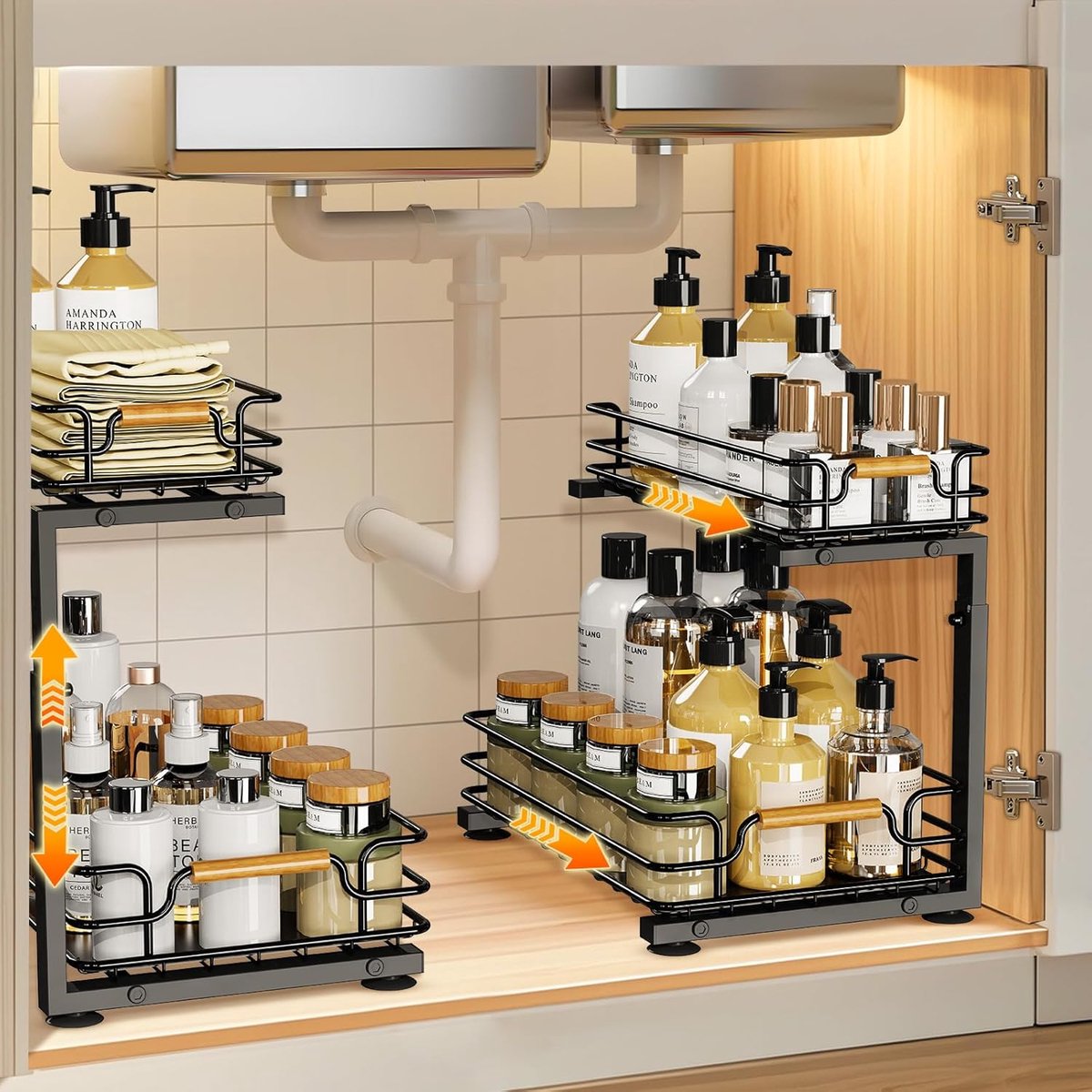 SnelShoppen - 2-Tier Keuken Organiser - Verstelbaar Metaal Keukenrek - 2 Stuks - 44.5 cm Hoog - Uitbreidbare Opbergruimte - Zwart - Voor Keuken en Bad