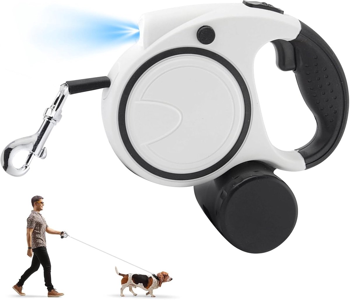 SnelShoppen - Hondenlijn 5 m, Uittrekbare Hondenriem met Zakdispenser, Antislip Handvat, Reflecterende Straps voor Kleine en Middelgrote Honden, Zwart