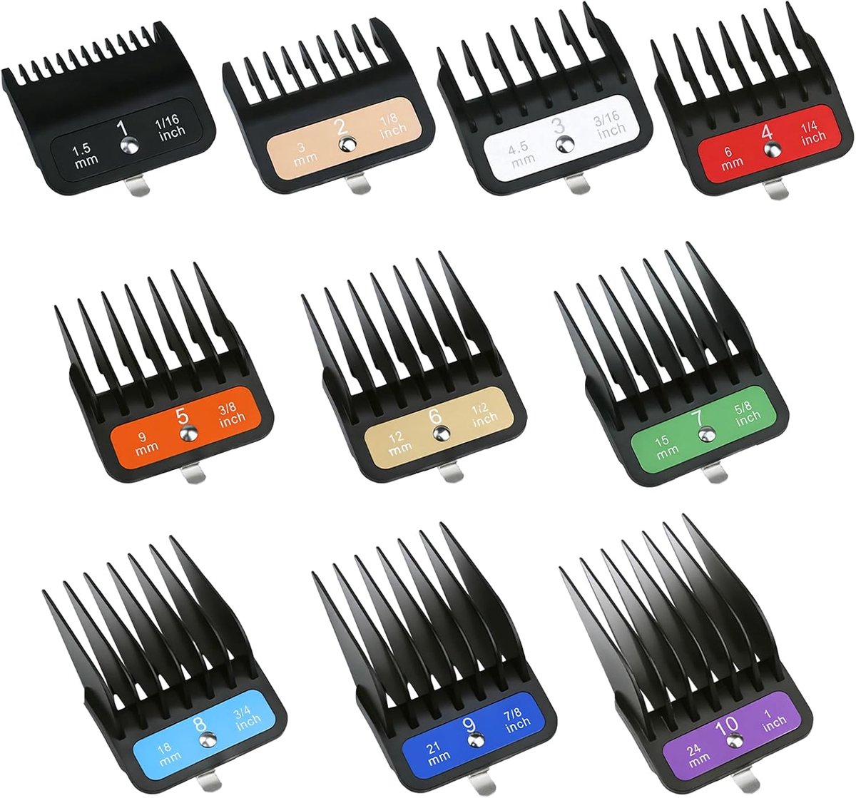 SnelShoppen - Combs Kammenset 10 Stuks - Volledige Grootte Beschermers 1/16 tot 1 Inch - Gekleurde Metalen Clips voor Tondeuses - Grijs