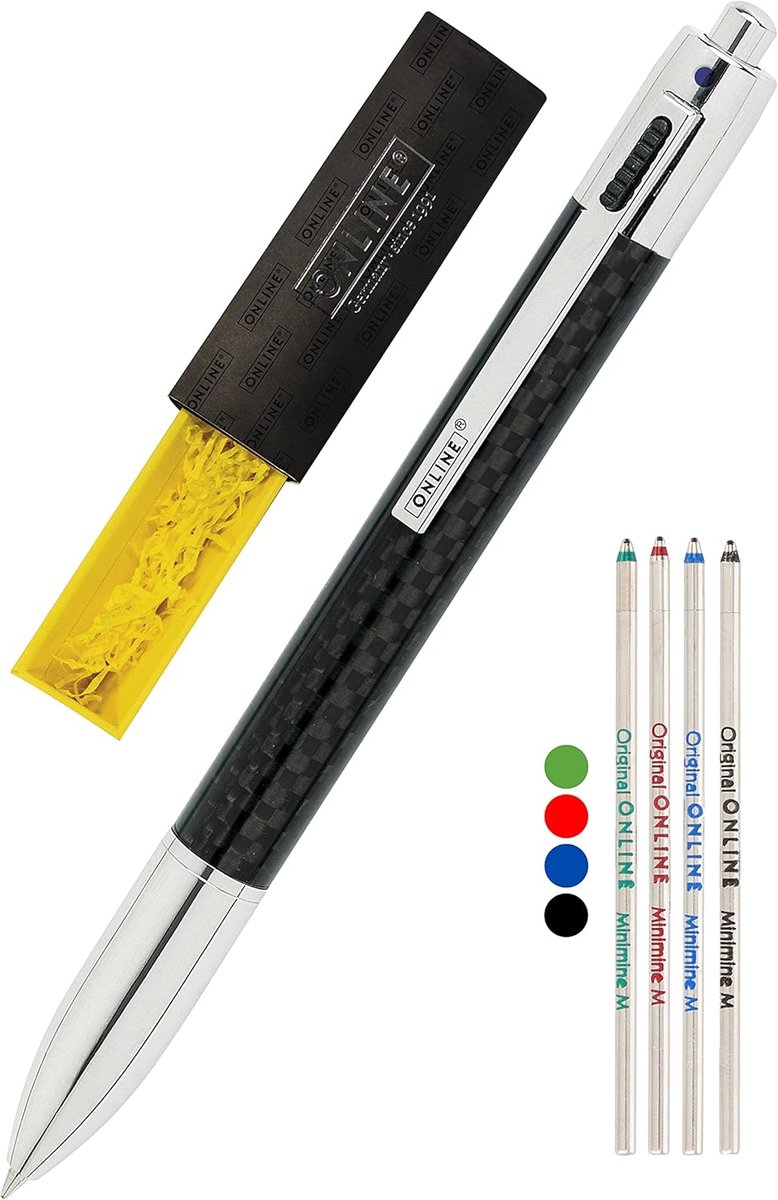 SnelShoppen - Online 4-kleur balpen met carbon design, multifunctionele metalen pen met 4 D1 vullingen, inclusief vervangingen in luxe geschenkdoos