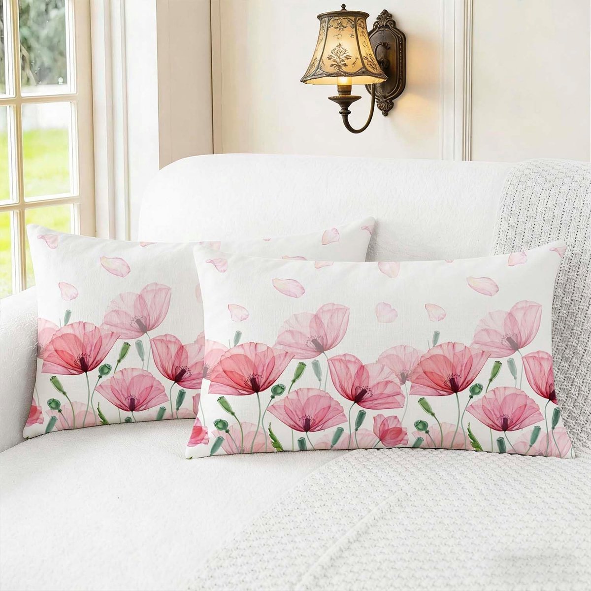 SnelShoppen - Kussensloop 30 x 50 cm, Roze Bloemen en Bladeren, Set van 2, Outdoor Bankkussens voor Tuin, Landelijke Stijl, Decoratieve Kussenhoezen v