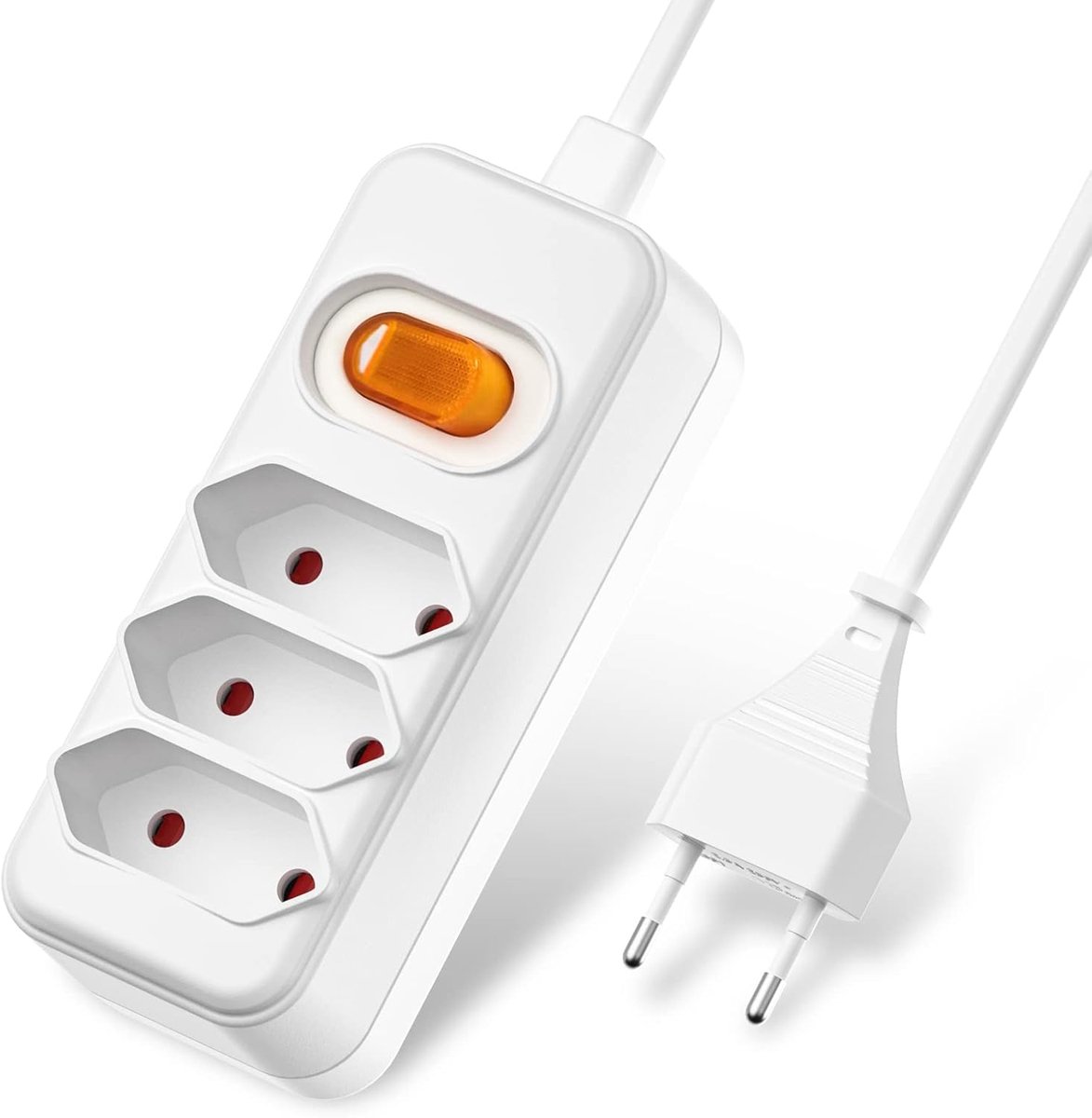 SnelShoppen - 2m Euro Verlengsnoer met 3-Weg Stopcontact, Meerdere Euro Socket, Stekker met Schakelaar, Max. 625W, Wit, Voor TV, Computer, Lamp, Proje
