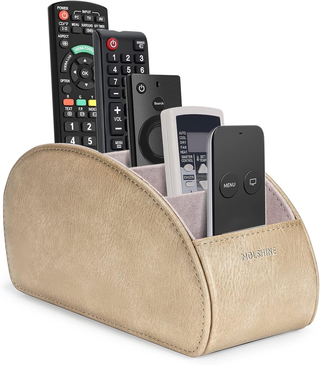 SnelShoppen - Remote Control Holder PU Leer Beige Grijs - 5 Compartimenten Organizer Voor TV Afstandsbediening, Verwarmingscontrollers, Media Speler,