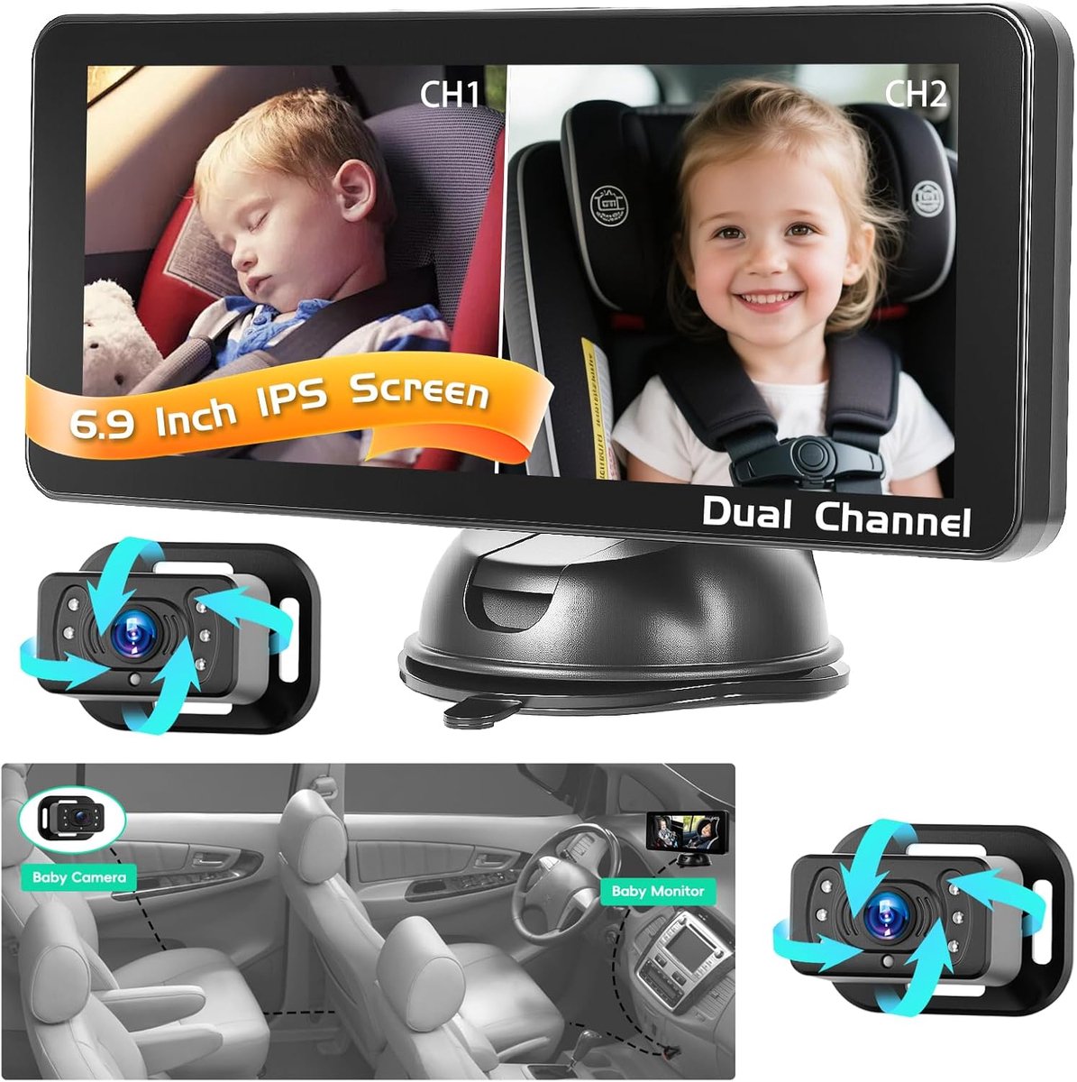 SnelShoppen - Inefala Baby Autospiegel met 2 Camera's, 170° Hoek, Snelle Installatie voor Ouders, Veiligheid voor Kinderen