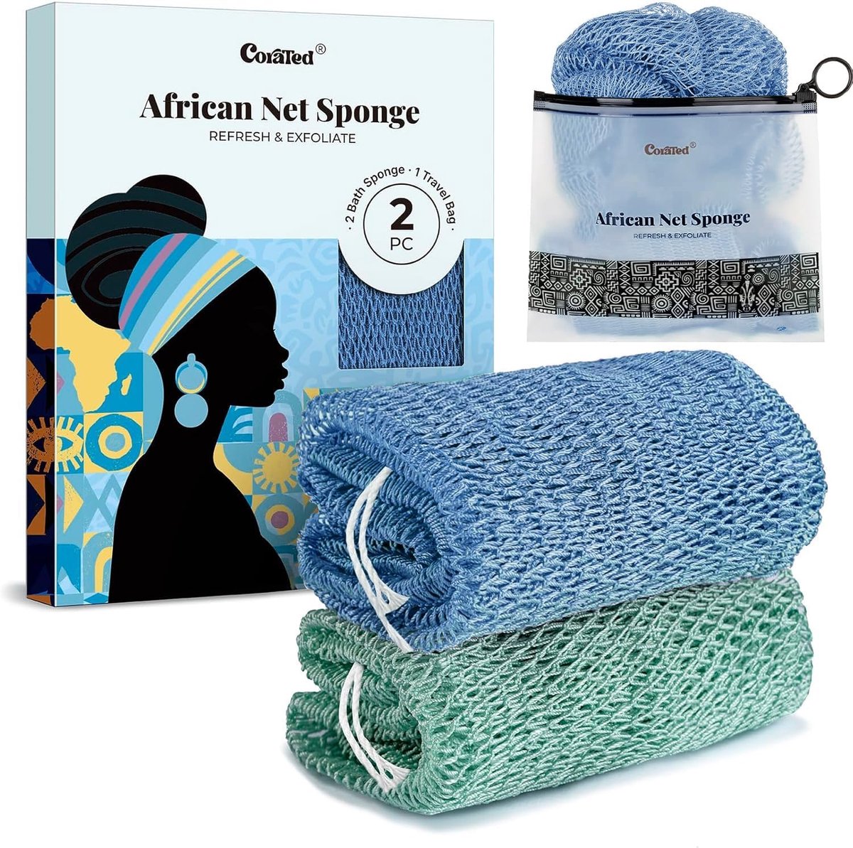 SnelShoppen - 2 Stuks Afrikaanse Net Spons, Exfoliërende Bad Spons, Lange Rekbare Rug Exfoliator, Schoonmaak voor Douche en Spa (Lichtblauw en Lichtgr