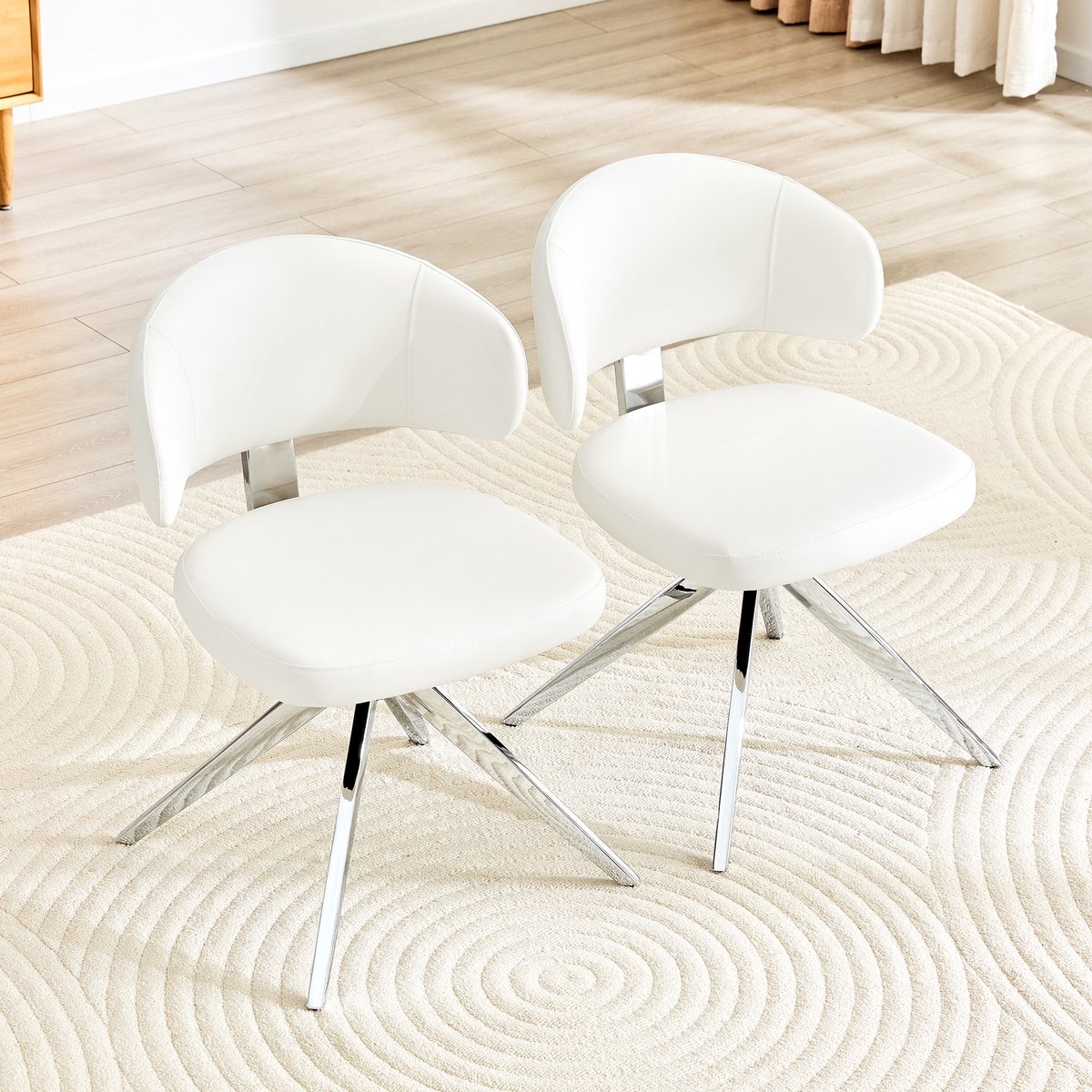 Pugsdrly Set van 2 moderne eetkamerstoelen met gebogen rugleuning, gestoffeerde zittingen van PU-leer, stevig metalen onderstel met vier poten, draaibaar, voor woonkamer, keuken en kantoor