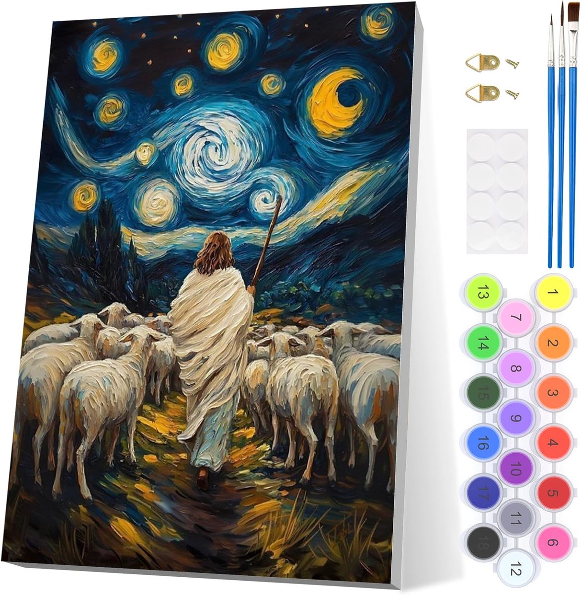 SnelShoppen - Schilderen op Nummer voor Volwassenen - EOBROMD Jezus Schilderij met Lams onder de Sterren - Acrylverf Kit met Houten Frame 20x30cm - Pe