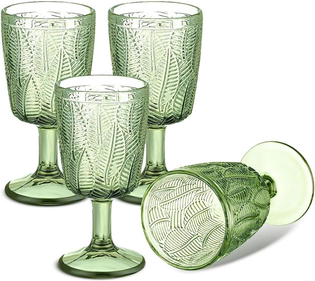 SnelShoppen - Vintage Groene Wijnglazen Set van 4, 325ml Kleurige Drinkglazen, Geëmbosseerd Bloemmotief, Antislip, Unieke Vintage Drinkbekers voor Bru