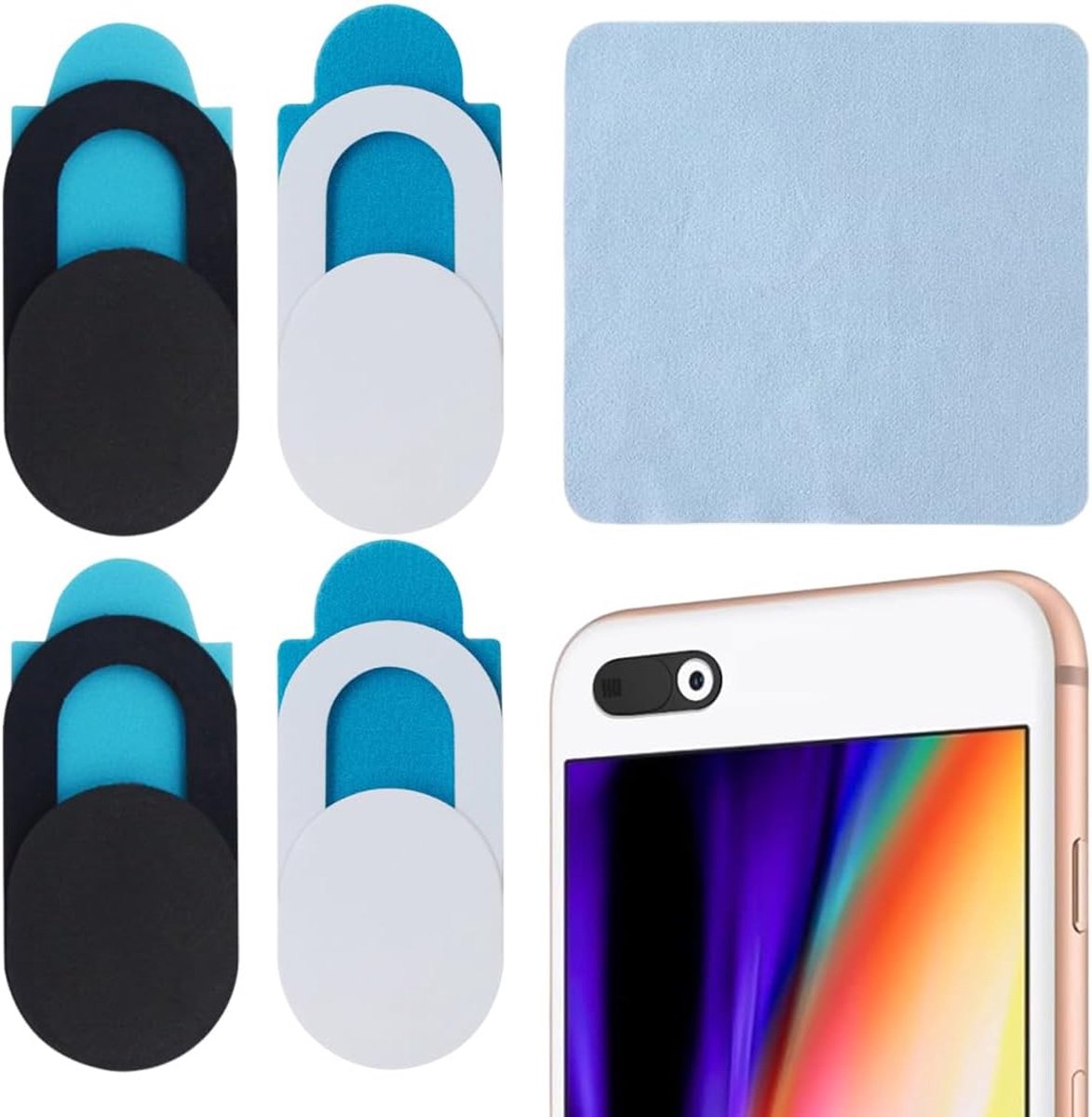 SnelShoppen - Pack van 8 Webcam Covers (4 Zwart + 4 Wit) + 1 Lichtblauw Ultra Dun Schoonmaakdoekje voor Laptop, Smartphone, PC, Tablet - Privacybesche