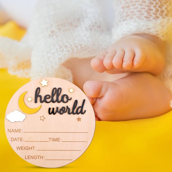 SnelShoppen - Houten Hello World Newborn Bord - Schattige Geboorte Aankondigings Plaat voor Baby's - Naamplaat voor Jongens en Meisjes - Baby Shower F — afbeelding 4
