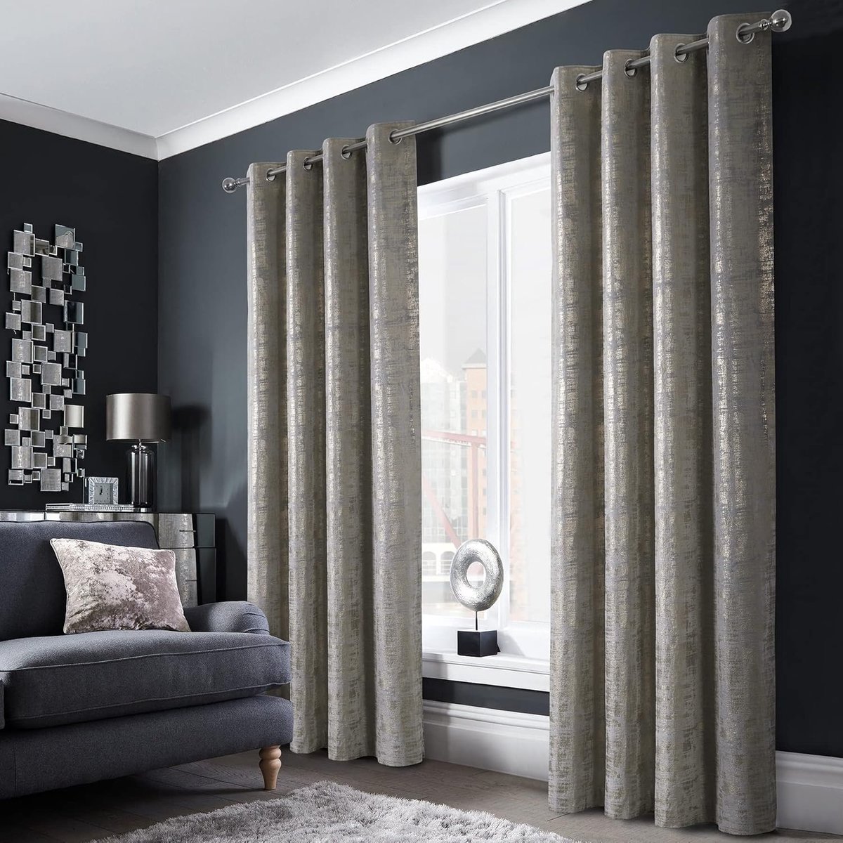 SnelShoppen - Luxe Gouden Opaak Velours Gordijnen Set van 2 - 245x140 cm - Zwarteout met Oogjes - Elegante Shiny Zilveren Patroon voor Woonkamer - Ide