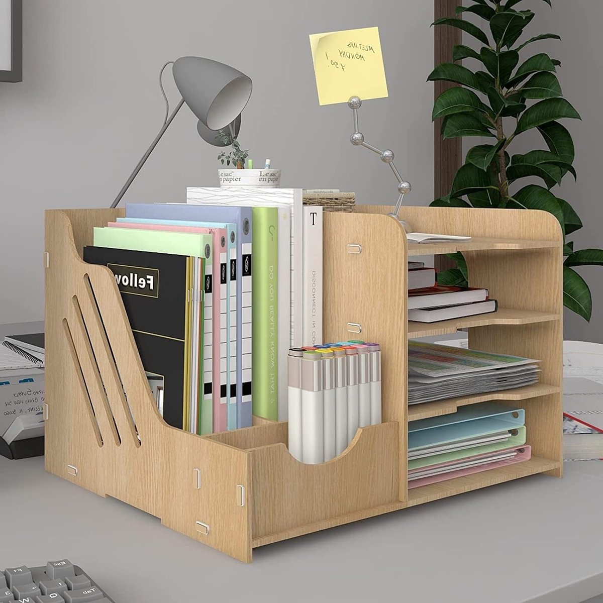 Documenthouder A4 met opbergcompartimenten van hout voor bureau, papieren organizer en archiefoplossing voor kantoor en studie