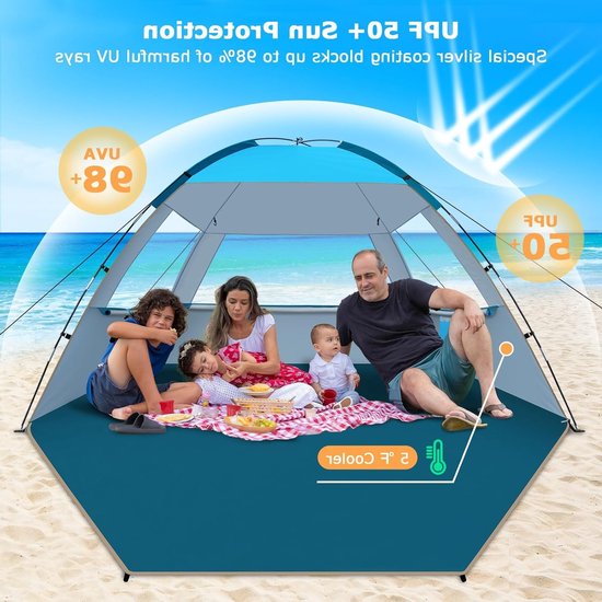 Strandtent voor 4-5 Personen - UPF 50+ UV-Bescherming - Lichtgewicht Familietent voor Strand, Camping & Vissen — afbeelding 2