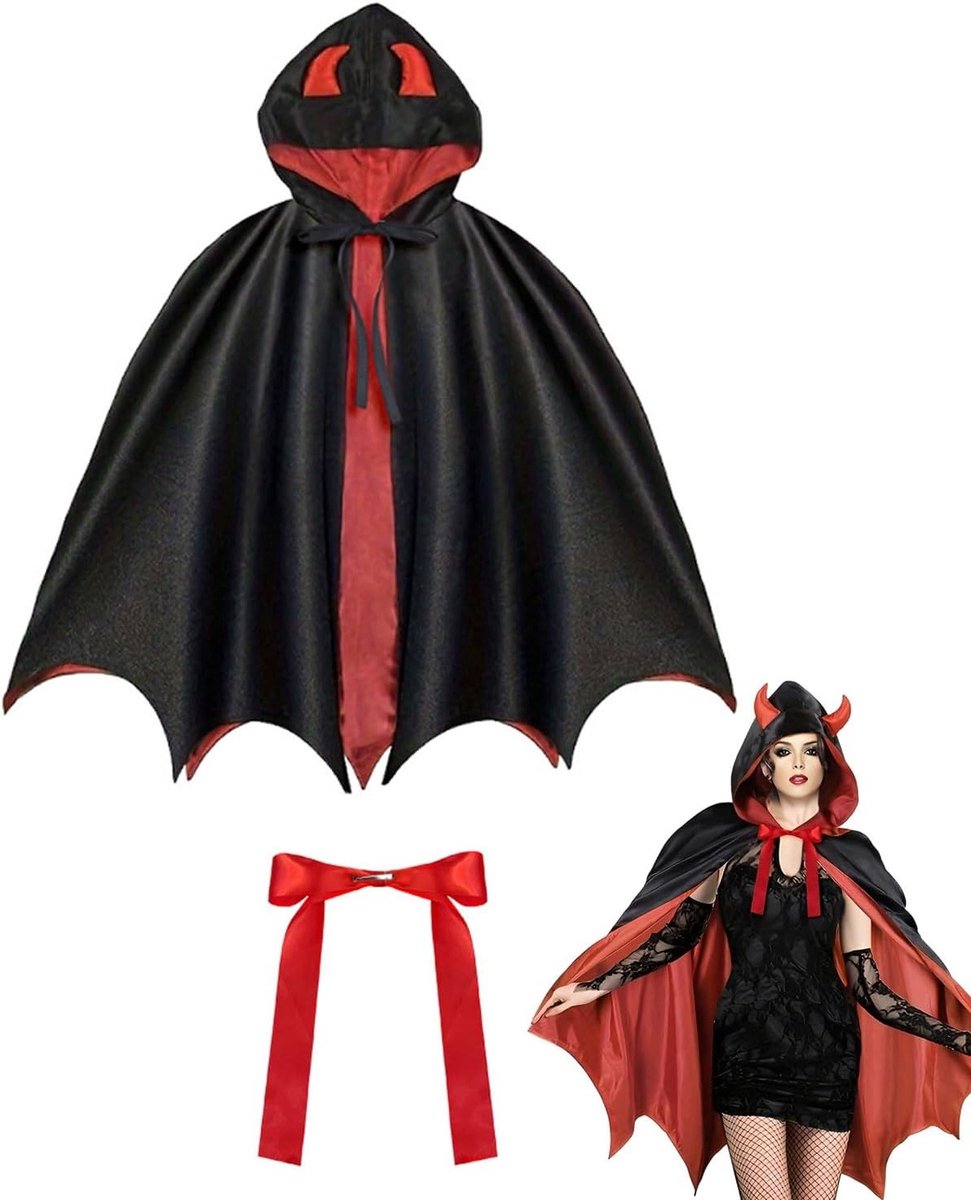 Halloween Kostuum voor Vrouwen - Vampier Jurk met Rode Duivelscape en Kap - Perfect voor Feestjes en Verkleedpartijen