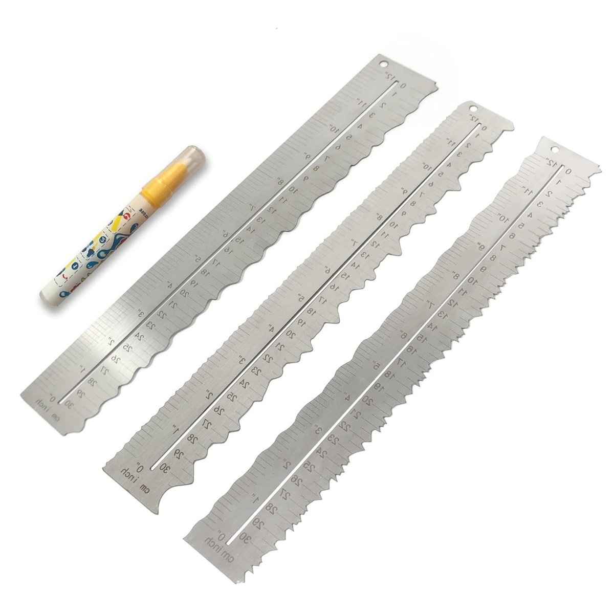 Metalen Liniaal van RVS voor Snijden en Tearen van Papier met Golf- en Onregelmatige Randen, 30 cm Meetgereedschap voor Techniek, School en Architectuur, Set van 3