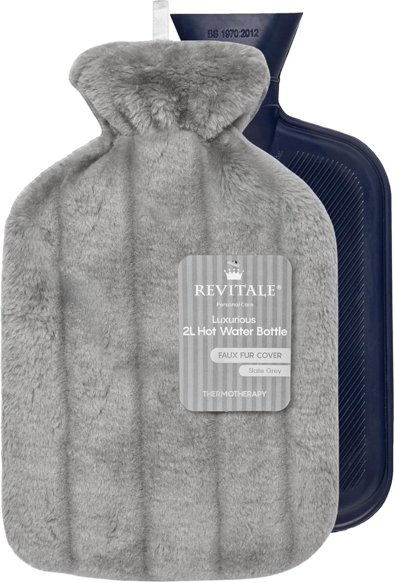 SnelShoppen - Luxe warmwaterkruik 2 liter met zachte overtrek, eenzijdig geribbeld natuurlijk rubber, duurzaam en lekvrij, leigrijs, perfect voor koud