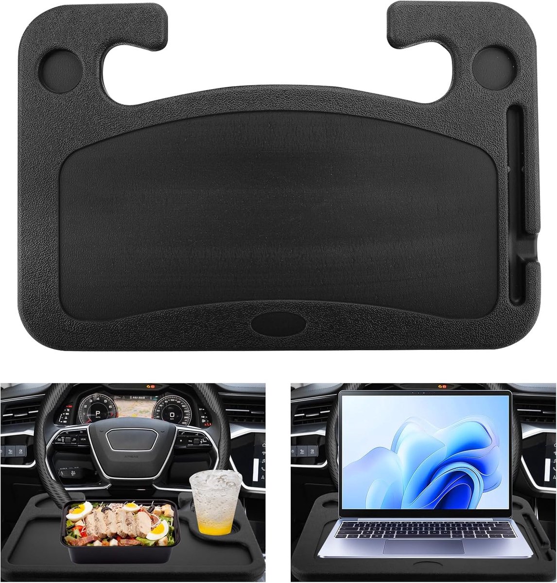 SnelShoppen - Multifunctionele Car Steering Table - Draagbare Stuurtafel voor Laptop, Tablet en Eten - Zwart Auto Bureau met Kophouder en Organizer vo