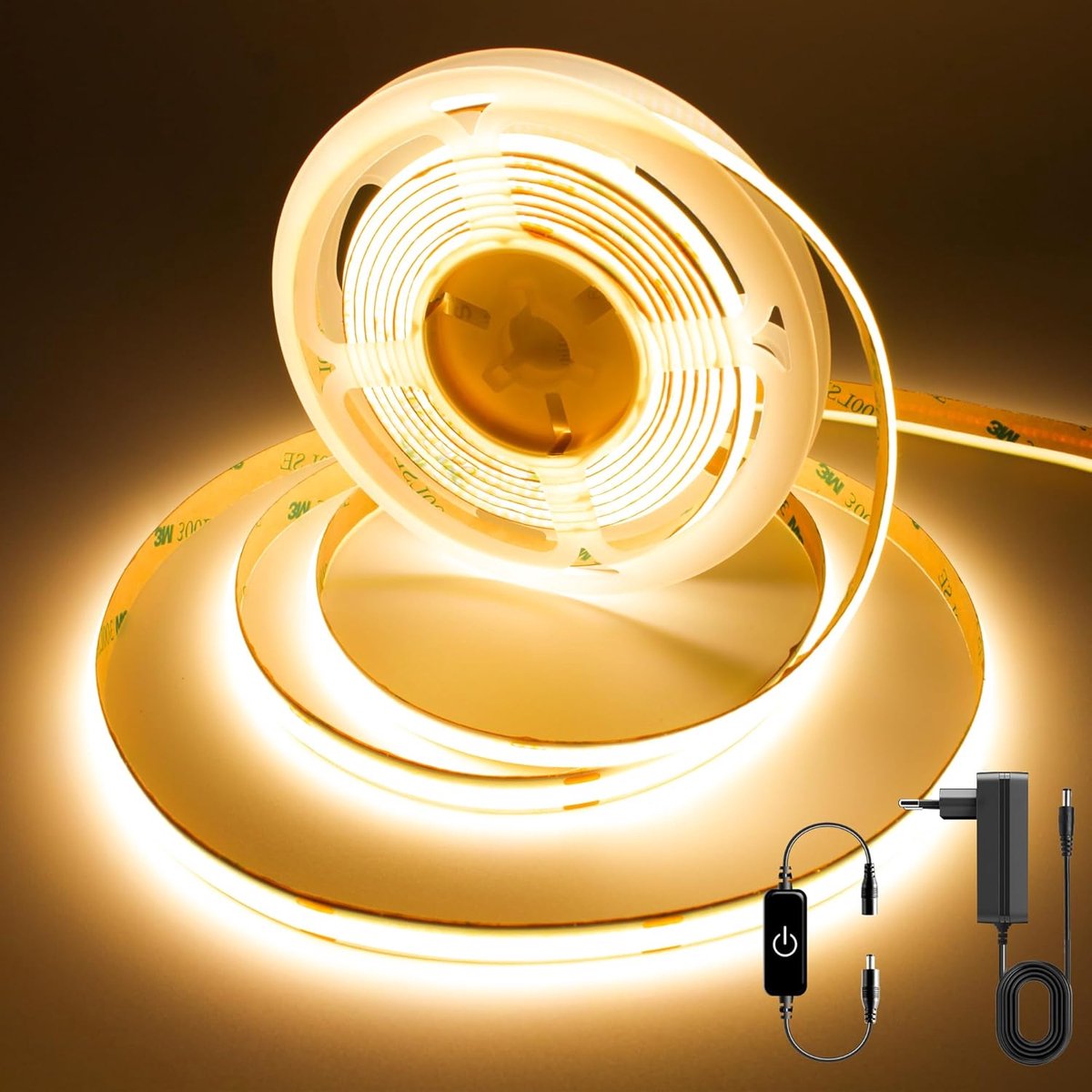 SnelShoppen - COB LED Strip 3M Dimbare Dotless LED Strip Lights Warm Wit 2700K met Aanraakcontroller en Adapter, 8mm Breed, CRI>90 voor Binnen, Keuken