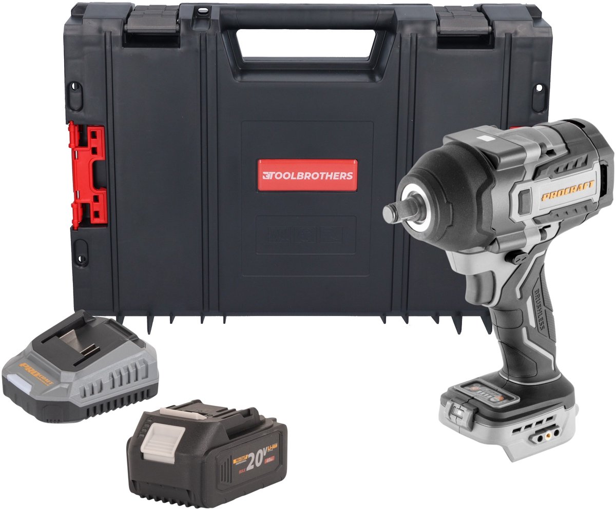 ProCraft Industrial IW850A-BB accu-slagmoersleutel 20 V 850 Nm 1/2" borstelloos + 1x accu 4,0 Ah + oplader + RHINO-gereedschapskoffer