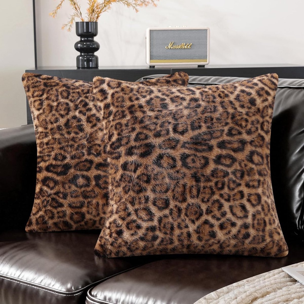 SnelShoppen - Kussenhoes Set van 2 Luipaard 60x60 Imitatiebont Jacquard & Fluweel Omkeerbaar Beigebruin Decoratief voor Bank & Bed