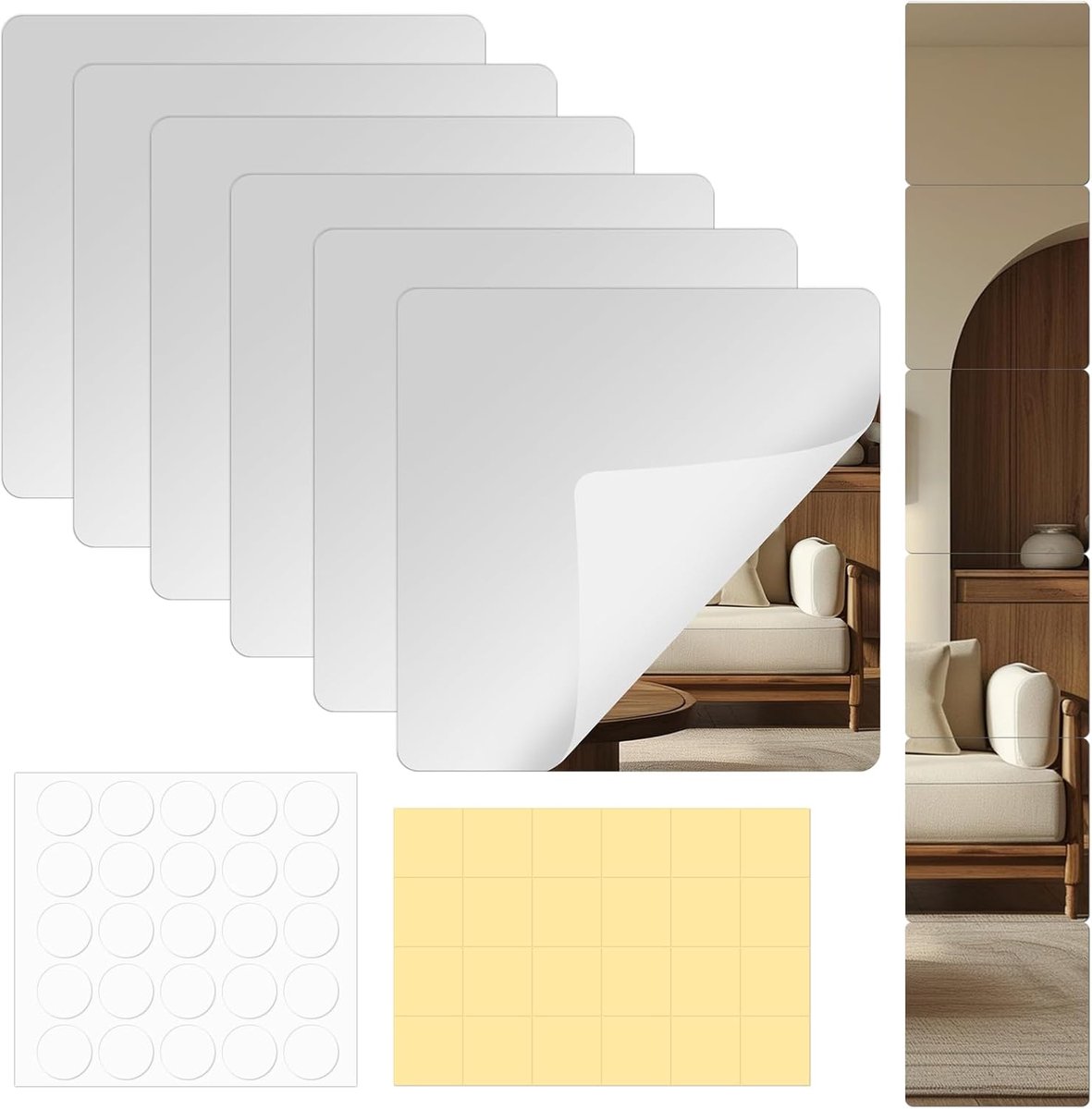 SnelShoppen - Pack van 6 Zelfklevende Acryl Spiegeltegels 20x20 cm - Flexibele Spiegelfolie 2 mm Dikte - Ideaal voor Wanddecoratie, DIY en Kastontwerp