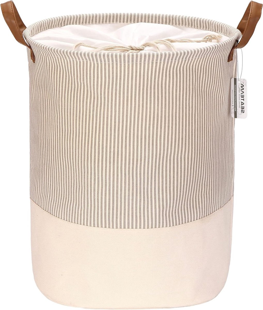 Gestreepte Wasmand van Canvas, Opvouwbare Opbergmand met PU Leren Handvatten en Trekkoordsluiting, 45 x 35 cm, Waterdicht, Ideaal voor Kleding en Speelgoedopslag