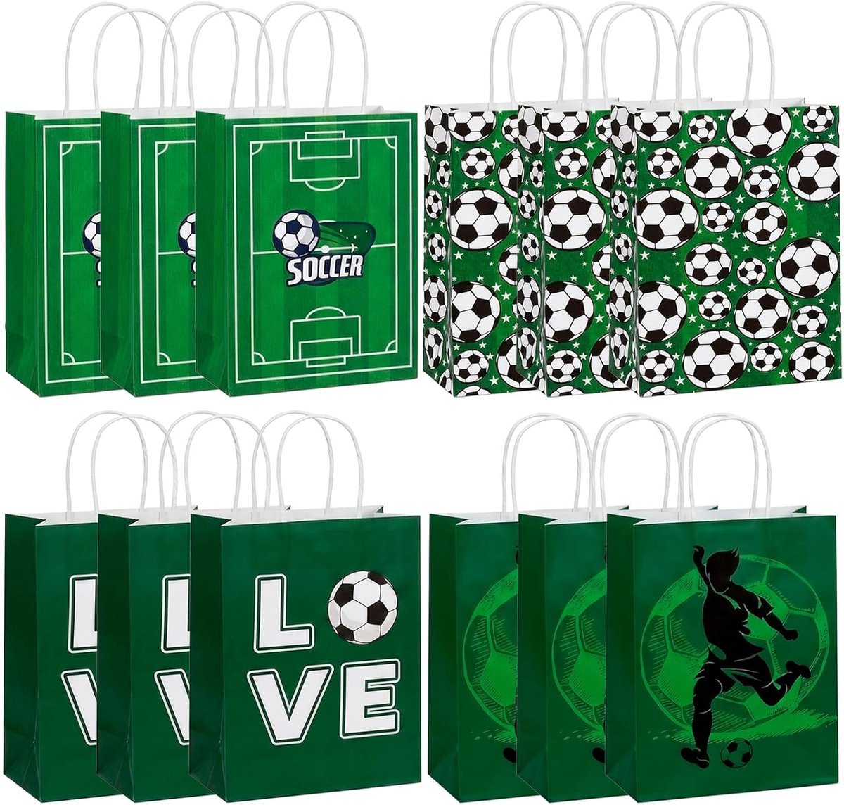 SnelShoppen - 12 Papieren Voetbalfeestzakken 15x8x21 cm - Groene Traktatiezakken met Handgrepen - 4 Ontwerpen voor Kinderverjaardag, Sportevenement en