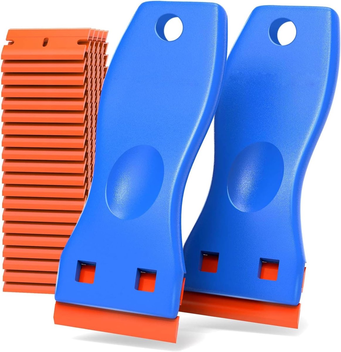 SnelShoppen - Pack van 2 mini plastic scrapers met 100 vervangbare plastic bladen, effectieve stickerverwijderaar voor lijmresten, veilig voor alle op