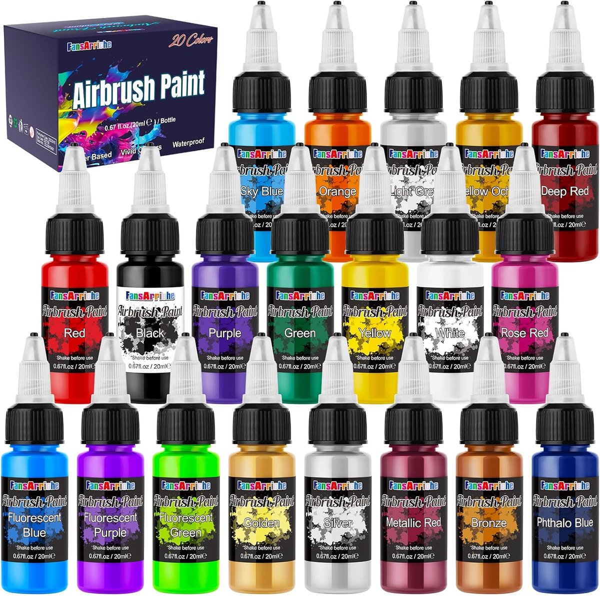 SnelShoppen - Airbrush Verf Set 20 Kleuren, Acryl Airbrush Verf Kit, Waterbasis, Opaque & Neon, Premium Kwaliteit voor Beginners en Kunstenaars, 20ml