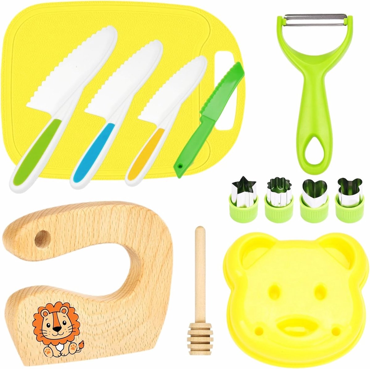 SnelShoppen - Kinderen Keuken Messenset 13-delig met Veiligheidsmes, Groenten Snijder, Houten Snijplank en Fruitvormpjes - Perfect voor Kinderen en Fe