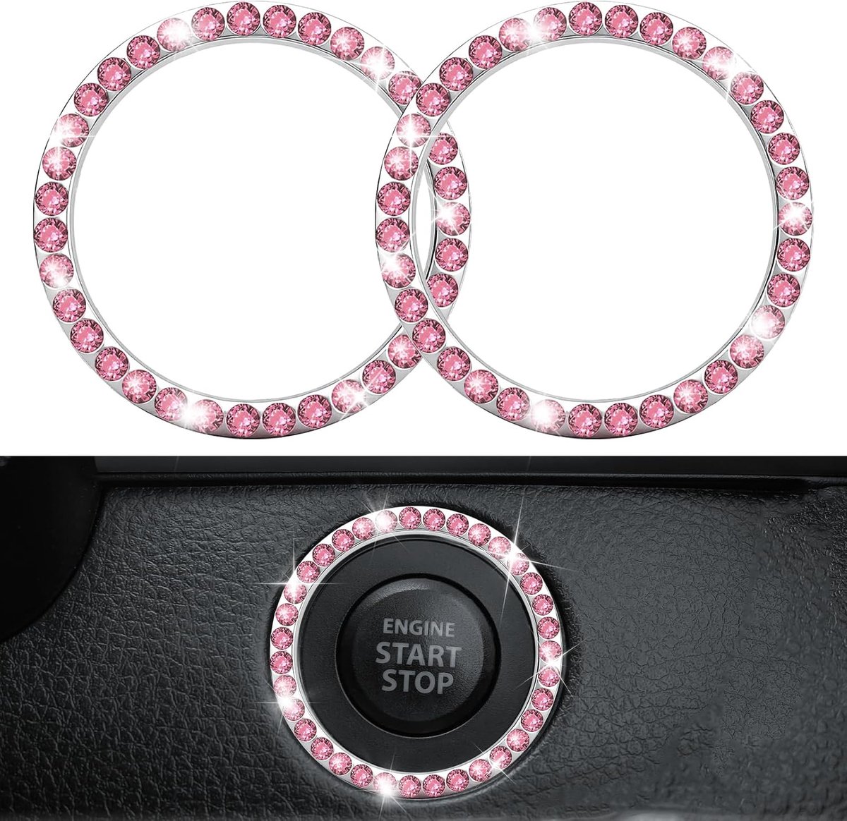 SnelShoppen - 2pcs Auto Start Stop Knop Ring, Universele Kristallen Rhinestone Versiering, Glitter Ring Sticker voor Auto Interieur, Startknop Decorat