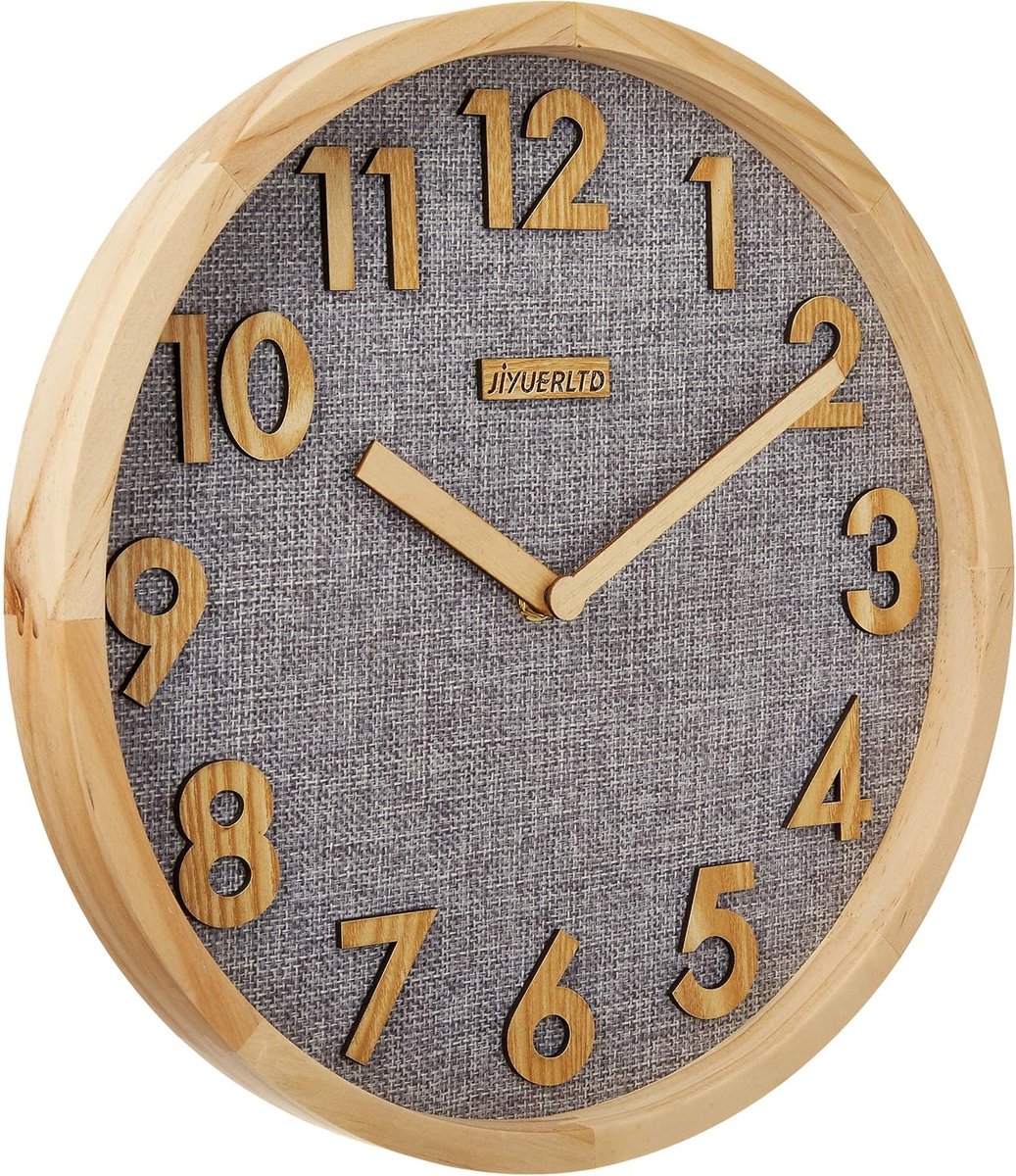 SnelShoppen - Wandklok, Stille Keukenklok, Quartz Wandklokken met Houten Cijfers, 3D Weergave, Houten Frame met Linnen Wijzerplaat voor Thuis, Kantoor