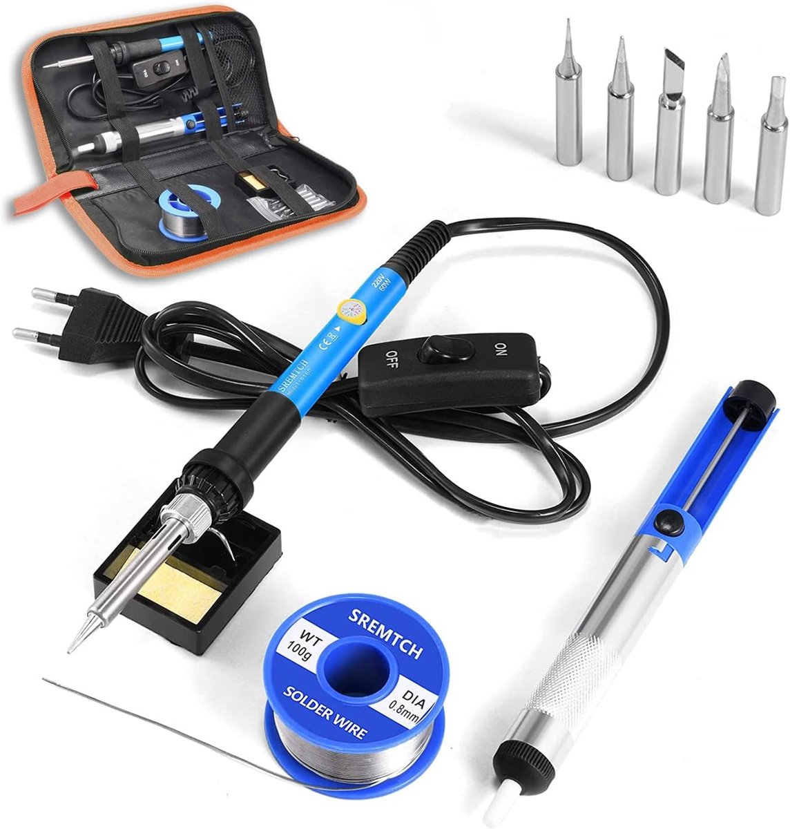 SnelShoppen - Soldering Iron Set 60W met Temperatuurregeling 200-450°C, ON/OFF Schakelaar, 100g Soldeertin, 5 Tips, Desoldering Pomp, Soldering Tripod