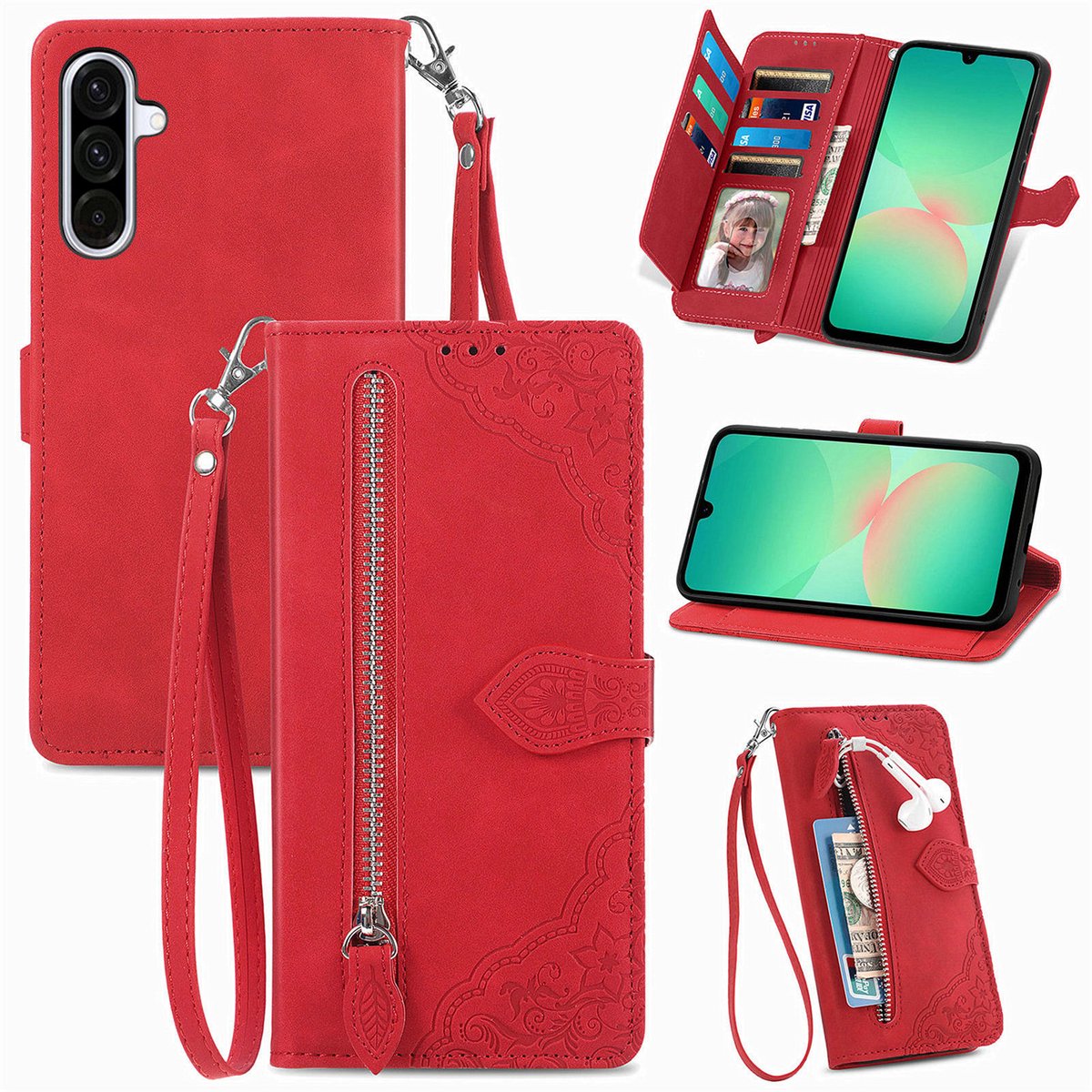 Telefoonhoesje geschikt voor Samsung Galaxy A27 5G - Portemonnee met rits - book-case hoesje - ruimte voor 7 pasjes - rood