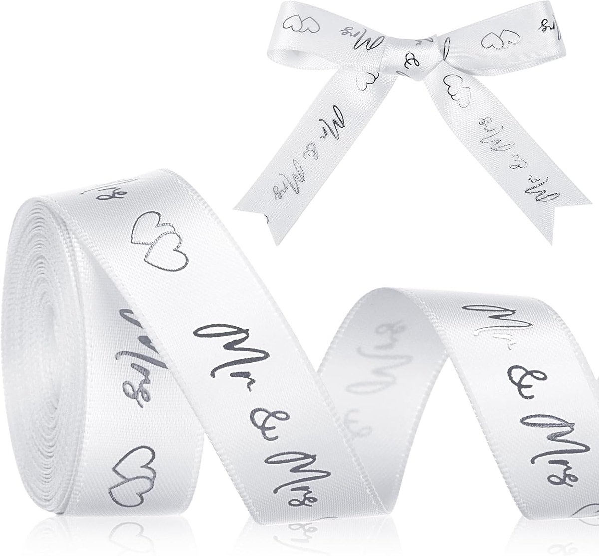 SnelShoppen - Mr & Mrs Bruiloft Ribbons - Harten Vorm Decoratie Ribbon - 4.5m x 15mm - Zilver - Perfect voor Trouwen, Uitnodigingen, Bruidsboeket en C