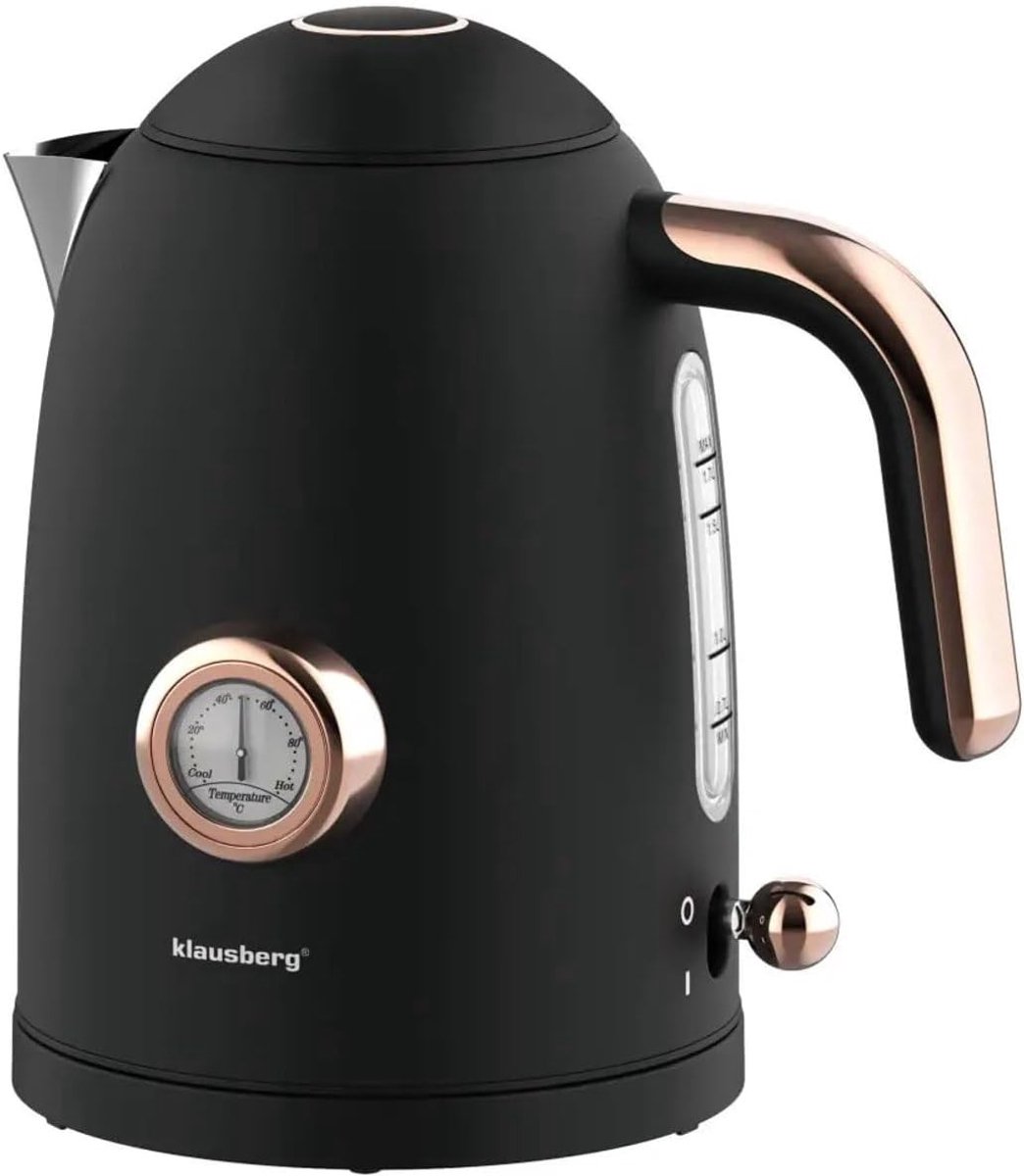Retro Waterkoker met Thermometer - Mat Zwart met Rose Gold Details - RVS (304) - 1,7 Liter - Voor Thuis en Kantoor