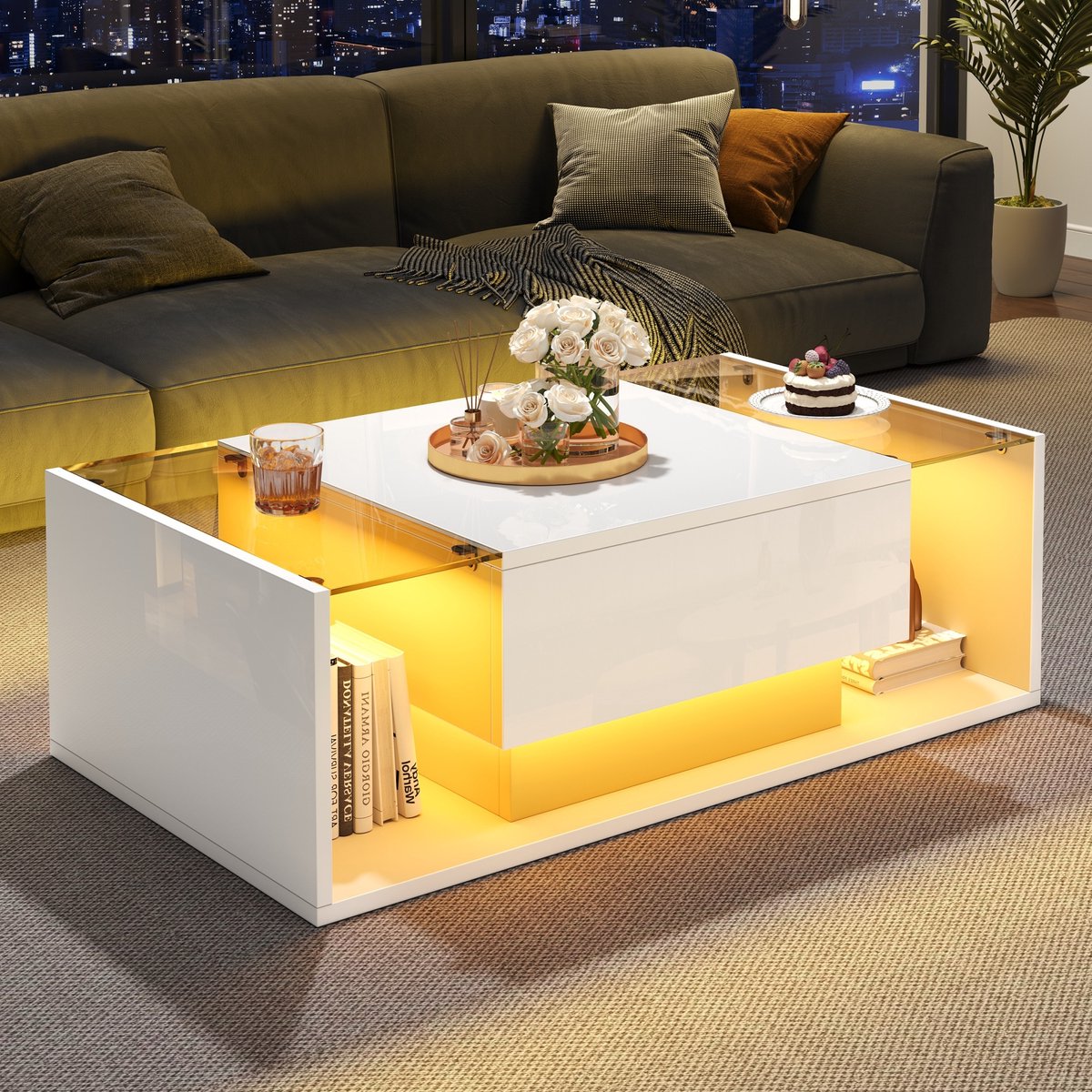 Witte Koffietafel met Lade - Salontafel (100 x 50 x 31 cm) met 1 Lade en ledstrip - Bijzet