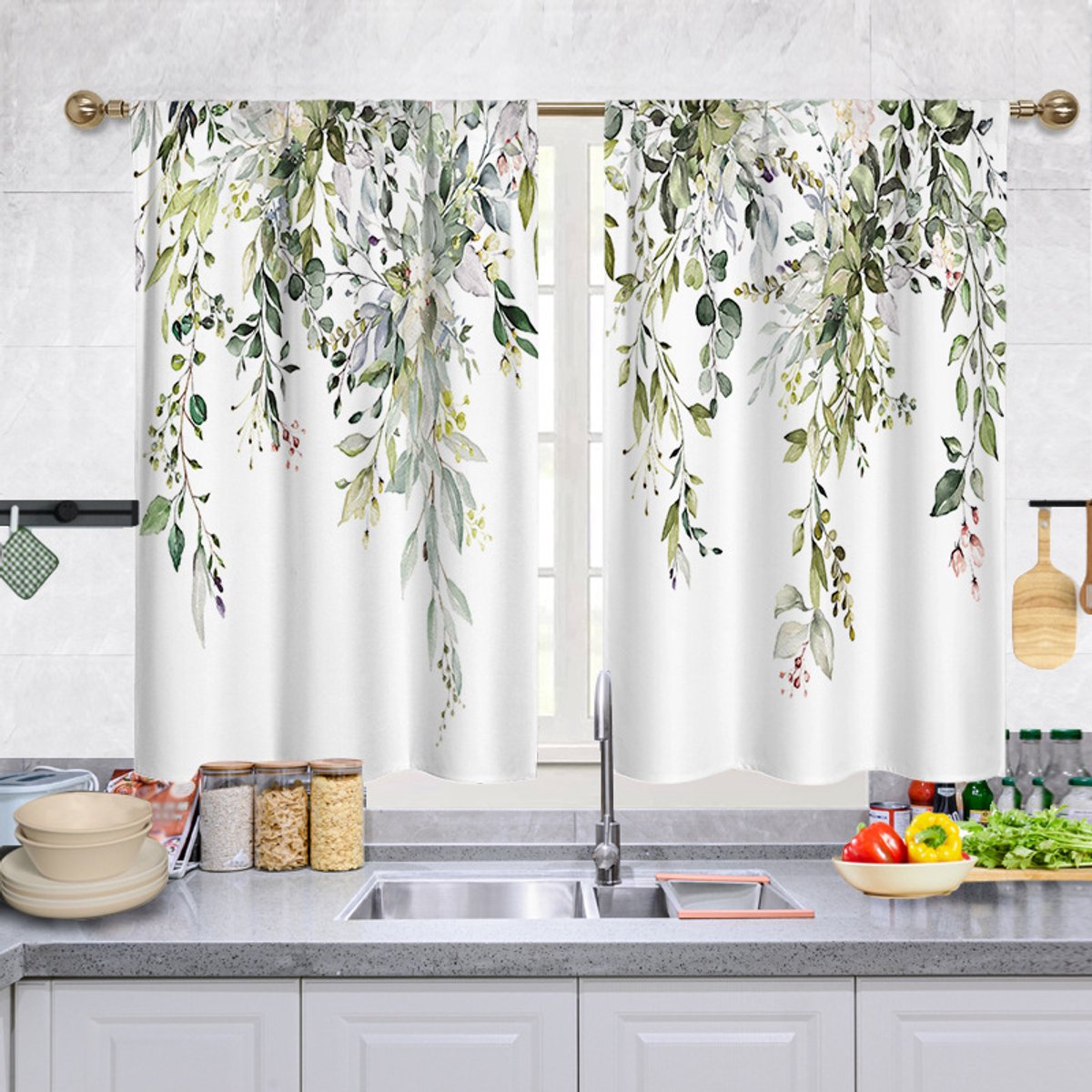 YAGXIG Keukengordijnen - Eucalyptus Plant Leaf Floral Gordijnen - Cafe Korte Gordijnen - Geschikt voor keuken, kleine ramen -70*100 CM