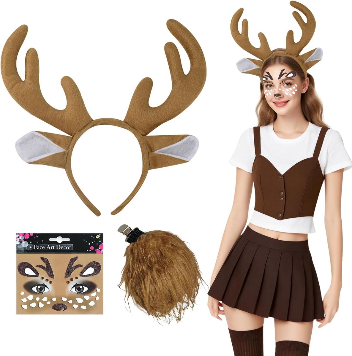 Drie-delige Rendier Kostuum Set voor Volwassenen en Kinderen met Hoofdband, Oren en Staart Tattoo Stickers voor Kerst, Carnaval en Feestjes