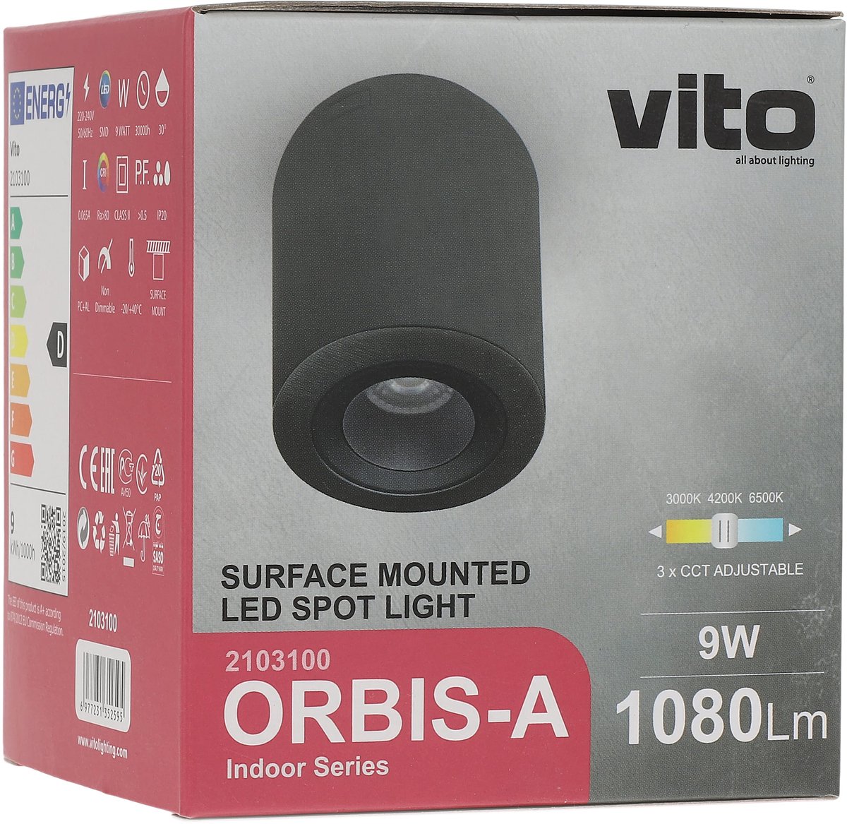 VITO Orbis-A - Ronde Led Opbouwspot Plafond - 9W 1080lm 3CCT IP20 - Verstelbaar 30° - 9x10cm - Zwart
