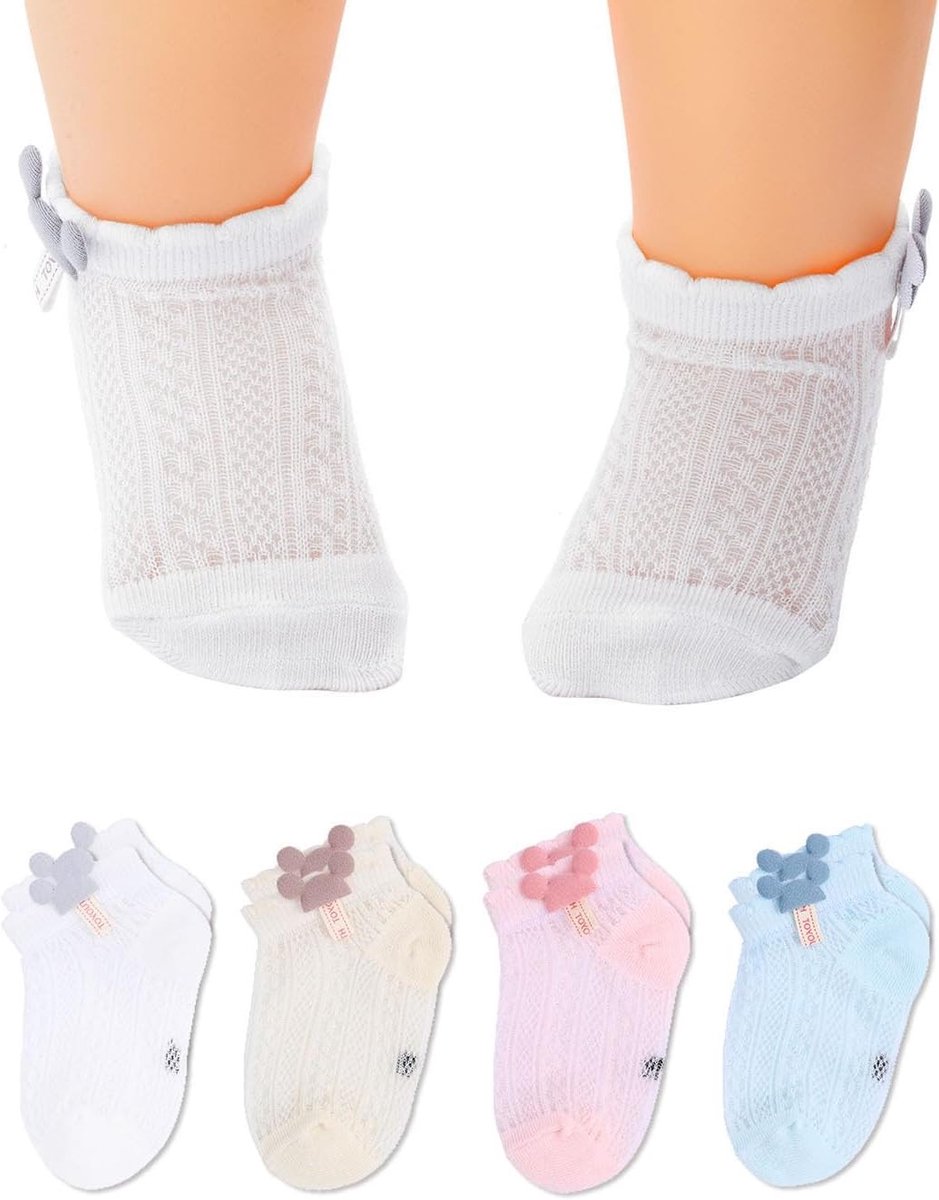 Zomerse Katoenen Baby Meisjes Sokken - Dunne Mesh Sokken voor 6-12 Maanden (4 Paar) - Comfortabel, Ademend en Schattig