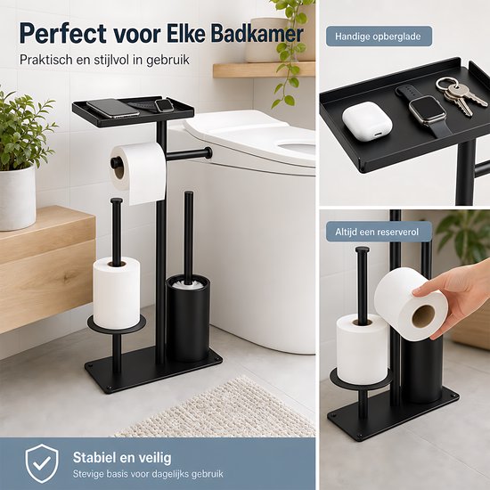 Een zwarte badkamer organizer met toiletrollen en borstel, geplaatst naast een toilet, met close-up van het opbergvak en een rolhouder.
