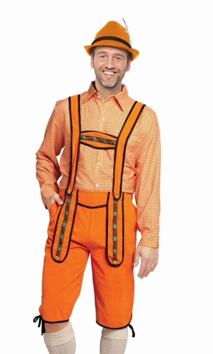 Partychimp Voordelige Lange Oranje Lederhosen Man voor bij EK Voetbal 2024 WK Koningsdag Verkleedkleren Volwassenen Oranje Verkleedkleding Oktoberfest Heren Carnavalskleding Heren - Polyester - Maat XL
