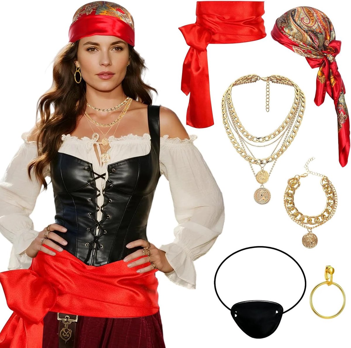 Piratenkostuum voor Dames met Accessoires, Hoofddoek en Middeleeuwse Stijl voor Halloween en Carnavalsfeesten